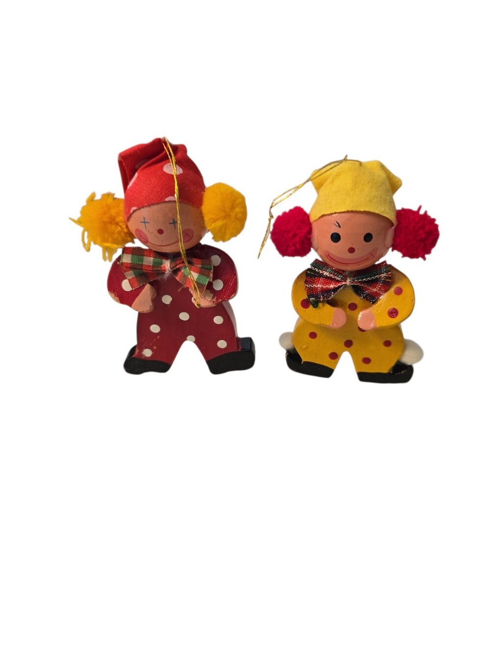 Vintage Wooden Clown Christmas Ornaments Set Of 2 Handpainted 3.5" READ
